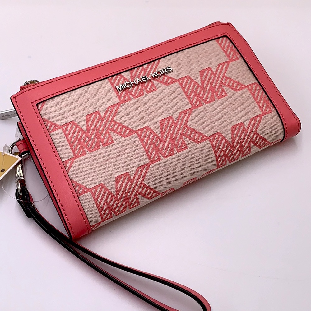 MICHAEL KORS JET SET TRAVEL LARGE DOUBLE ZIP WRISTLET WALLET TEA ROSE COLOR - Picture 12 of 14